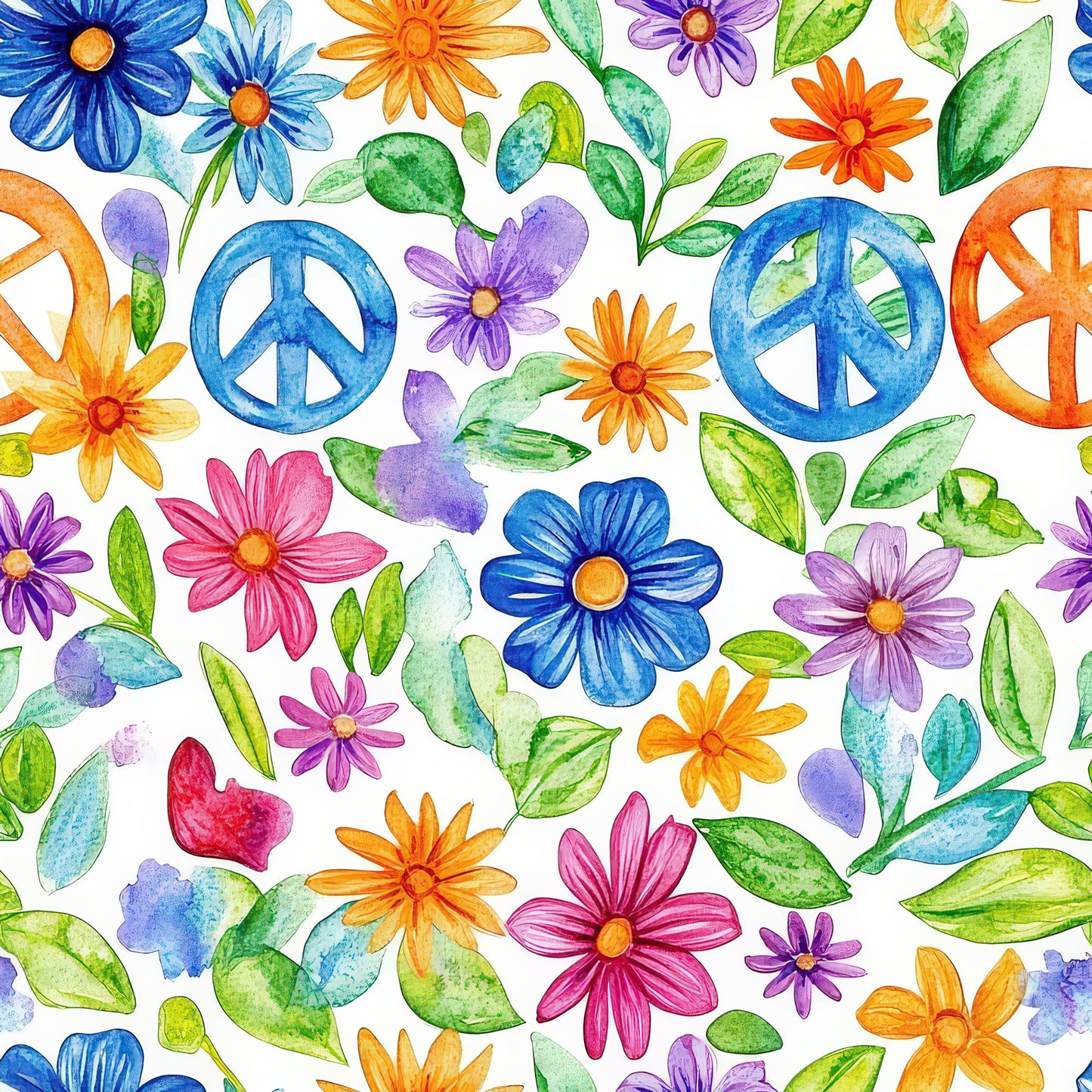 Watercolor Hippie Flower Pattern 9 Quilting Cotton Fabric