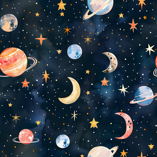 Watercolor Space Sky Moon Stars Pattern 11 Quilting Cotton Fabric