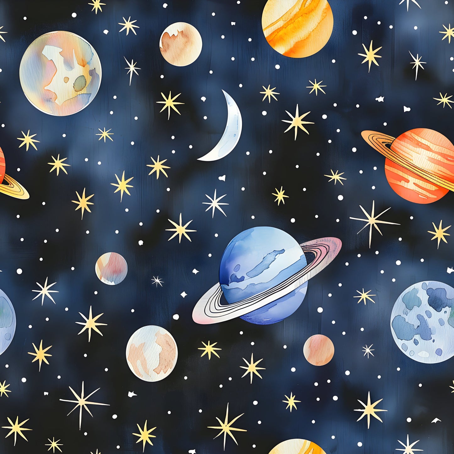 Watercolor Space Sky Moon Stars Pattern 12 Quilting Cotton Fabric