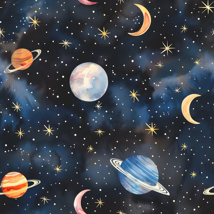 Watercolor Space Sky Moon Stars Pattern 16 Quilting Cotton Fabric