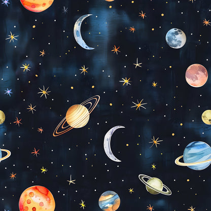 Watercolor Space Sky Moon Stars Pattern 1 Quilting Cotton Fabric
