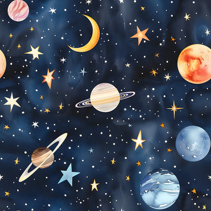 Watercolor Space Sky Moon Stars Pattern 3 Quilting Cotton Fabric