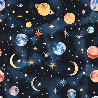 Watercolor Space Sky Moon Stars Pattern 4 Quilting Cotton Fabric