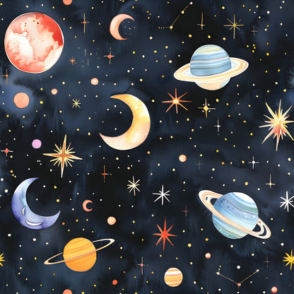 Watercolor Space Sky Moon Stars Pattern 5 Quilting Cotton Fabric