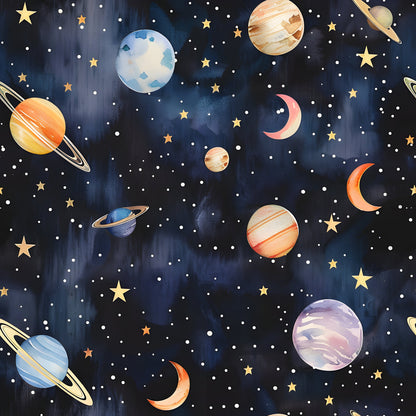 Watercolor Space Sky Moon Stars Pattern 7 Quilting Cotton Fabric