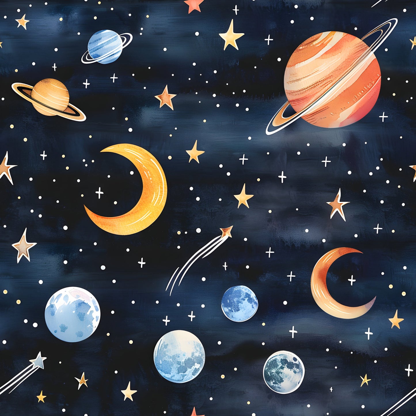 Watercolor Space Sky Moon Stars Pattern 8 Quilting Cotton Fabric