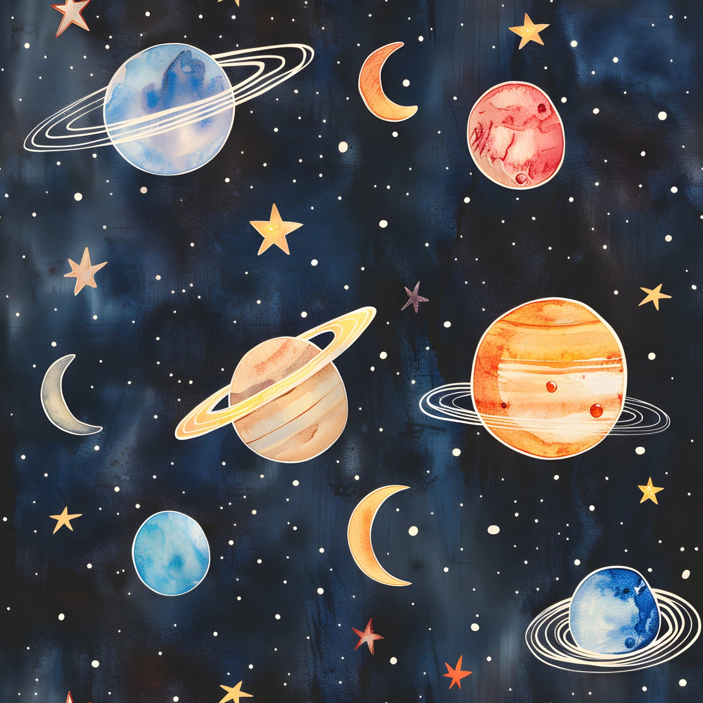 Watercolor Space Sky Moon Stars Pattern 9 Quilting Cotton Fabric