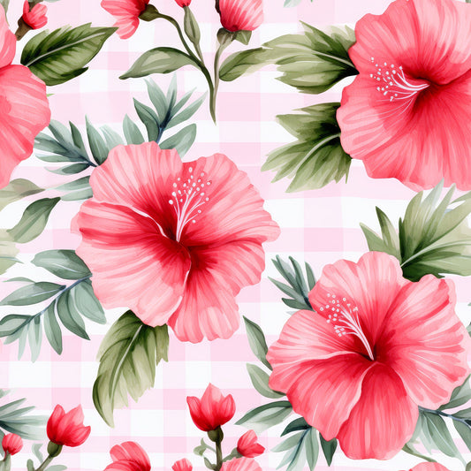 Watermelon Hibiscus Floral Gingham Pattern 1 Quilting Cotton Fabric