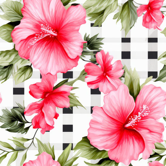Watermelon Hibiscus Floral Gingham Pattern 10 Quilting Cotton Fabric