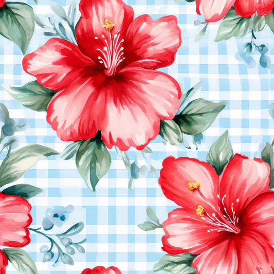 Watermelon Hibiscus Floral Gingham Pattern 11 Quilting Cotton Fabric