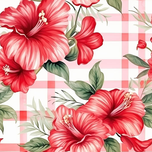 Watermelon Hibiscus Floral Gingham Pattern 12 Quilting Cotton Fabric