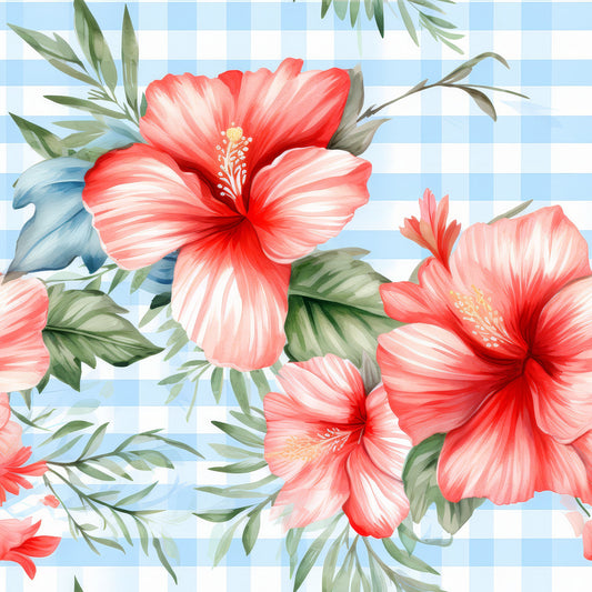 Watermelon Hibiscus Floral Gingham Pattern 2 Quilting Cotton Fabric