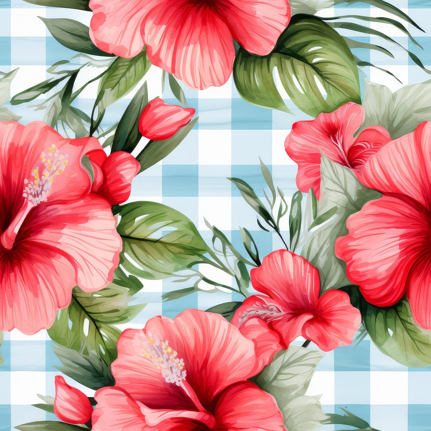 Watermelon Hibiscus Floral Gingham Pattern 5 Quilting Cotton Fabric