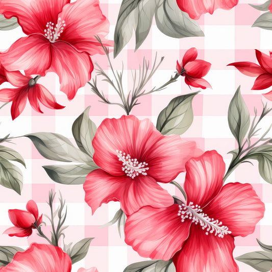 Watermelon Hibiscus Floral Gingham Pattern 6 Quilting Cotton Fabric