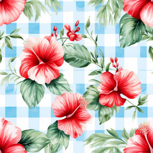 Watermelon Hibiscus Floral Gingham Pattern 7 Quilting Cotton Fabric