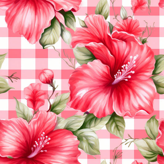 Watermelon Hibiscus Floral Gingham Pattern 8 Quilting Cotton Fabric
