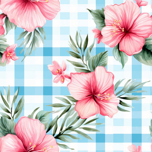 Watermelon Hibiscus Floral Gingham Pattern 9 Quilting Cotton Fabric