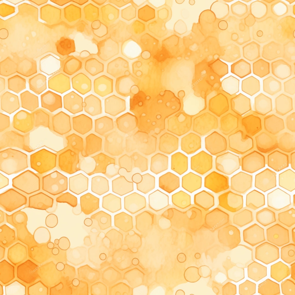 Hexagonal honeycomb pattern in shades of orange and yellow with watercolor texture and scattered circular splotches.