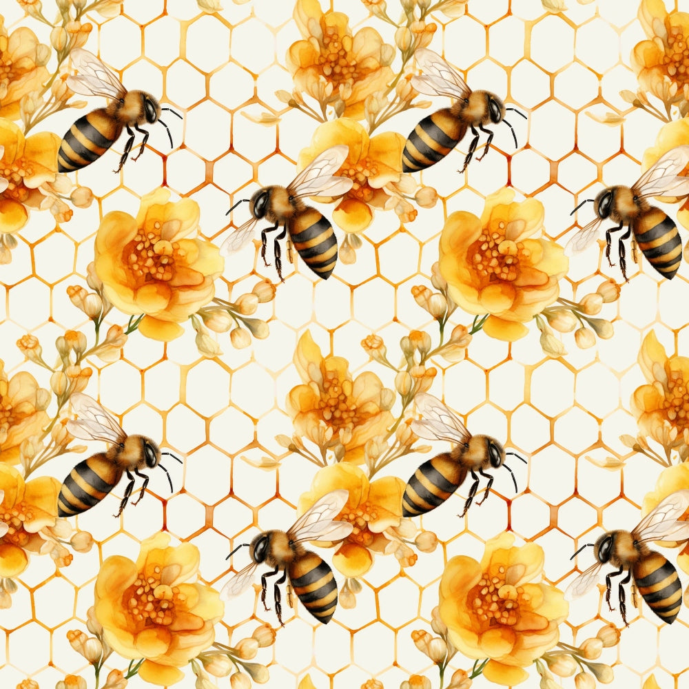 Seamless pattern of bees and bright yellow flowers over a honeycomb background.