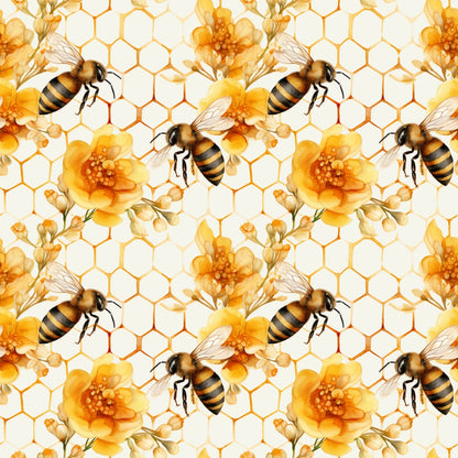 Seamless pattern of bees and bright yellow flowers over a honeycomb background.