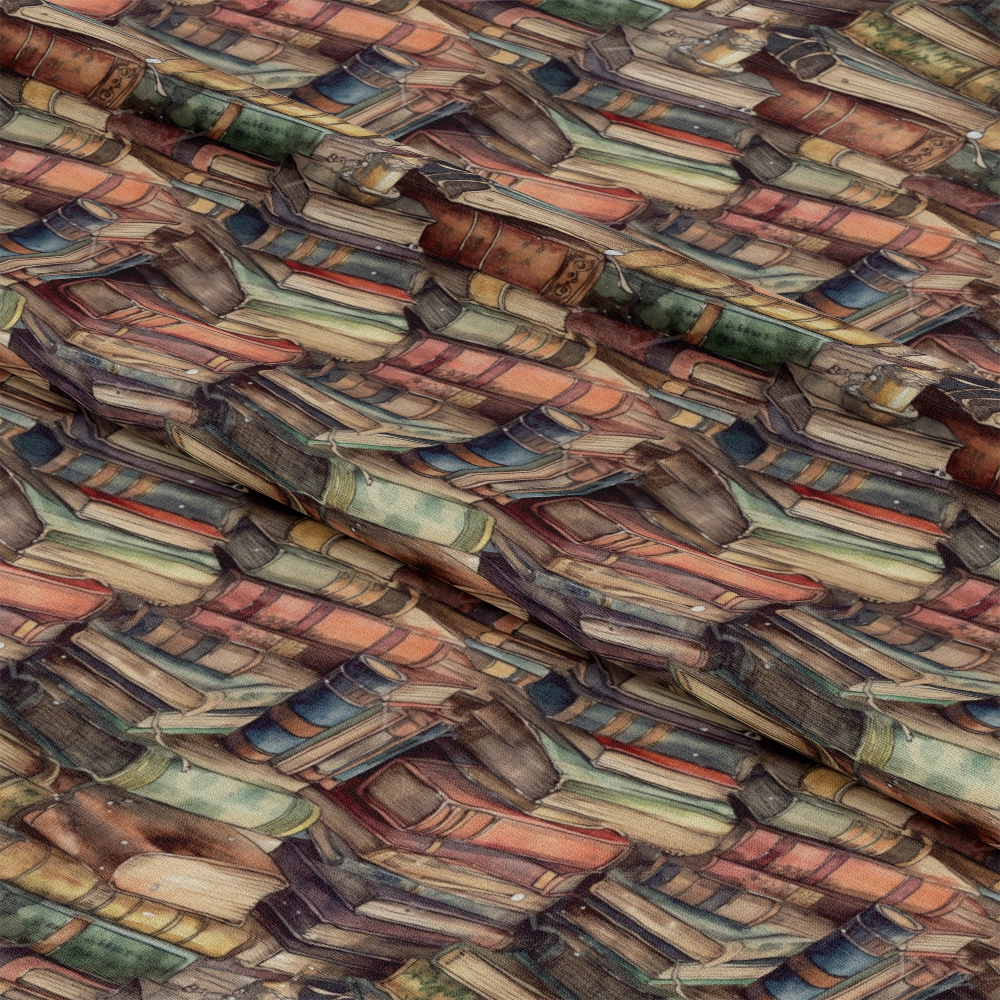 - Whimsical Library Pattern 16 Quilting Cotton Fabric  
- Vintage books design  
- Earth tones  
- Brown, green, beige  
- Textured fabric  
- Stacked book motif  
- Literary theme  
- Soft cotton material  
- Quilting fabric  
- Artistic, rustic style