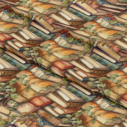 - Whimsical Library Pattern 18 Quilting Cotton Fabric  
- Book-themed design  
- Vintage books  
- Earth tones  
- Browns, greens, blues  
- Botanical elements  
- Fabric texture  
- Quilting cotton  
- Home decor fabric  
- Literary inspired textile
