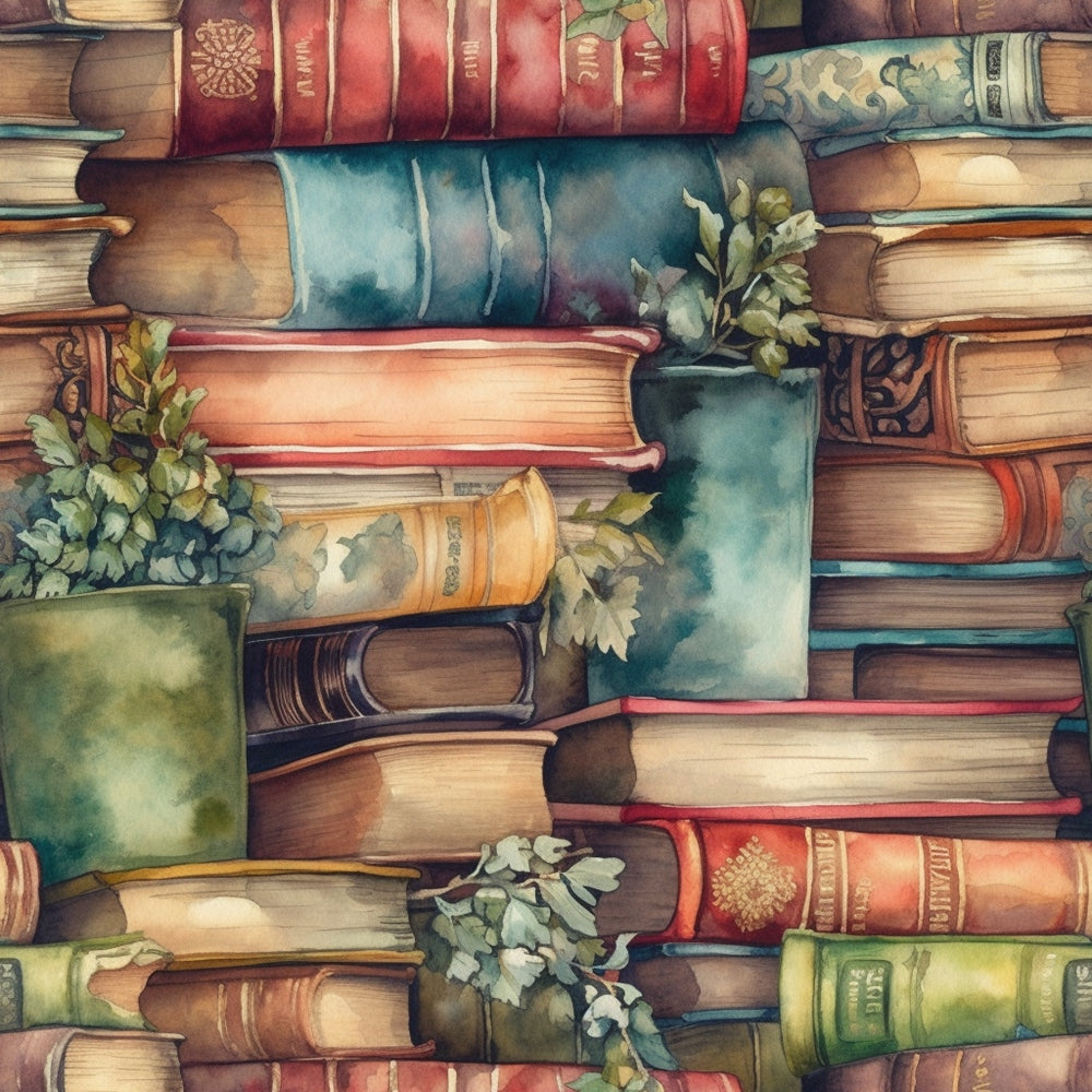 A watercolor illustration of stacked books in various colors with green foliage peeking out between them.
