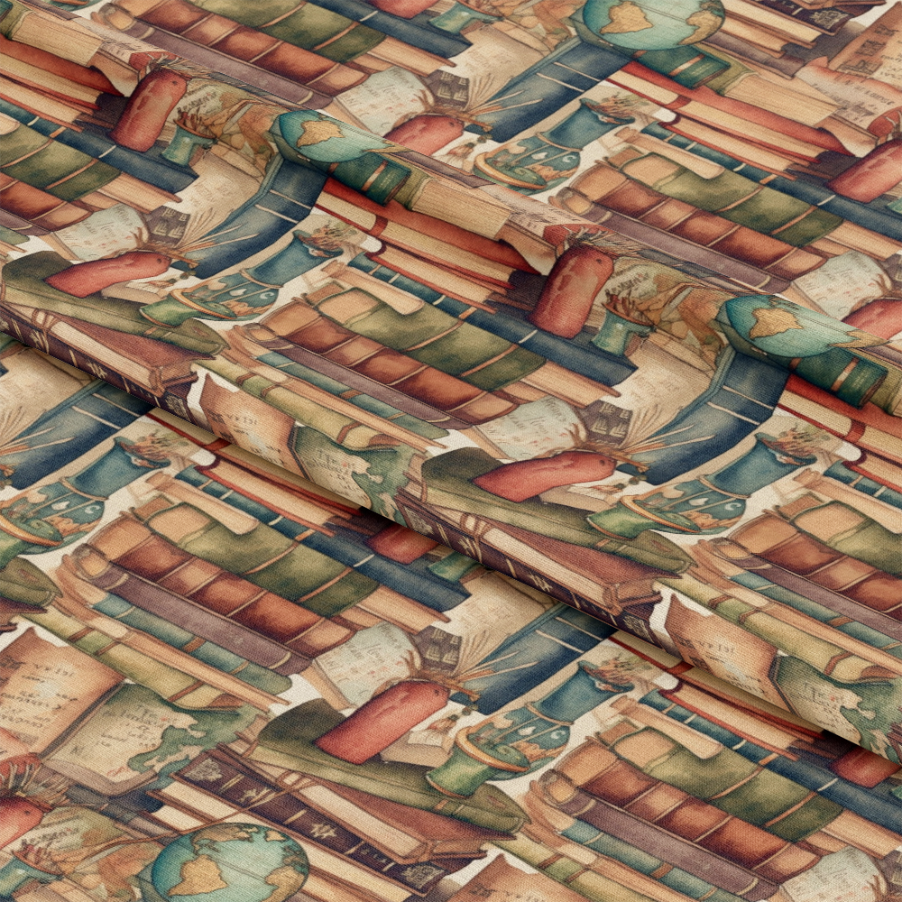 - Whimsical Library Pattern 7 Quilting Cotton Fabric  
- books, globes, scrolls  
- vintage, antique, scholarly  
- beige, brown, green, blue, rust  
- literature, reading, study  
- textile, soft, woven  
- educational, classic, cozy  
- cotton, quilting, fabric yardage