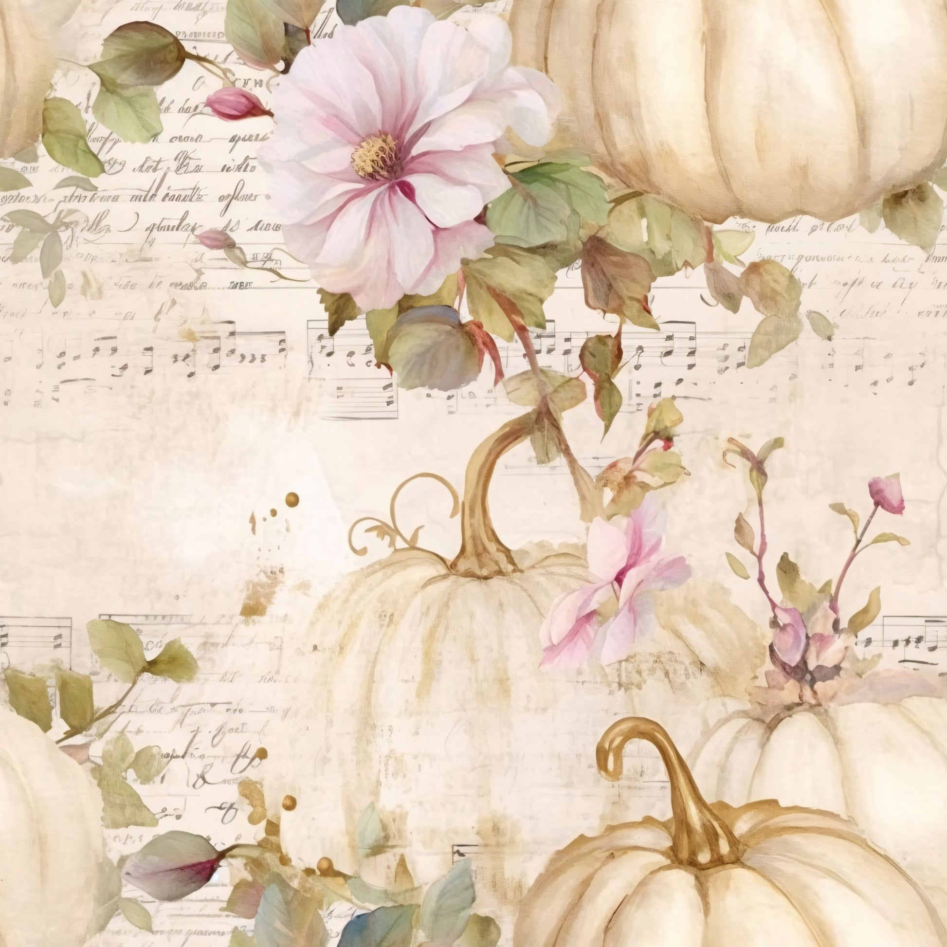 white pumpkins, cream pumpkins, pink flowers, magnolia blooms, green leaves, autumn foliage, sheet music, handwritten text, vintage paper, watercolor style, fall harvest, botanical elements, soft pastels, quilting cotton, fabric panel, seasonal design, romantic florals, antique aesthetic, warm neutrals, delicate artwork