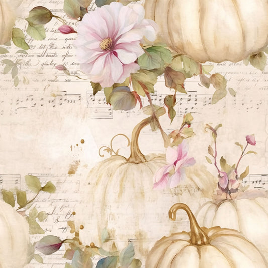 white pumpkins, cream pumpkins, pink flowers, magnolia blooms, green leaves, autumn foliage, sheet music, handwritten text, vintage paper, watercolor style, fall harvest, botanical elements, soft pastels, quilting cotton, fabric panel, seasonal design, romantic florals, antique aesthetic, warm neutrals, delicate artwork