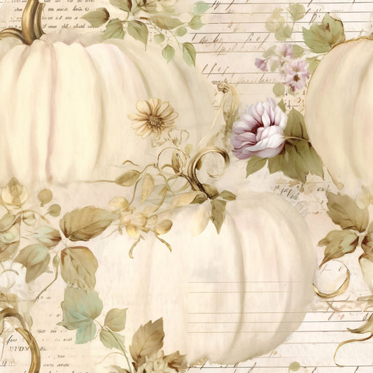white pumpkins, cream background, sage green leaves, mauve flowers, blush pink blooms, vintage script, handwritten text, autumn harvest, fall seasonal, botanical elements, watercolor style, soft pastels, quilting cotton, fabric panel, romantic florals, pumpkin patch, muted tones, dreamy aesthetic, cottage core