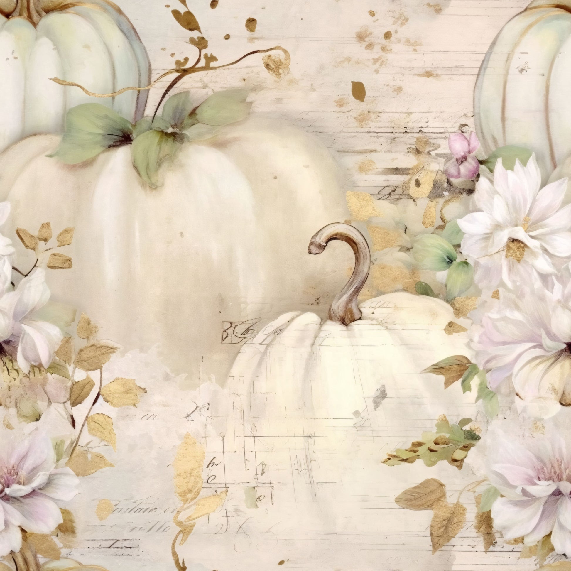 white pumpkins, cream, beige, sage green, soft pink, watercolor style, autumn leaves, fall flowers, vintage aesthetic, distressed texture, quilting cotton, fabric panel, seasonal design, harvest theme, botanical elements, rustic charm, muted tones, gourd stems, floral accents, weathered background