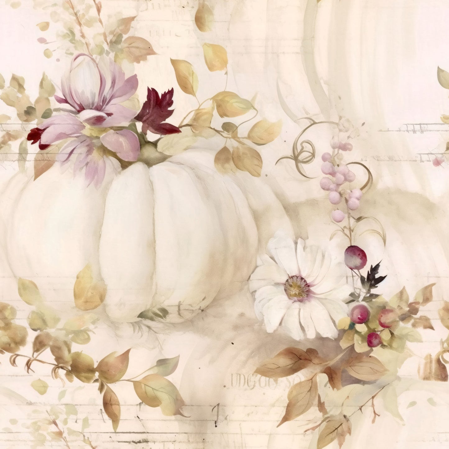 white pumpkins, fall florals, autumn leaves, cream background, muted pastels, lavender flowers, burgundy accents, golden leaves, watercolor style, botanical design, harvest theme, quilting cotton, fabric panel, soft tones, vintage style, autumn arrangement, decorative gourds, floral sprigs, seasonal motifs