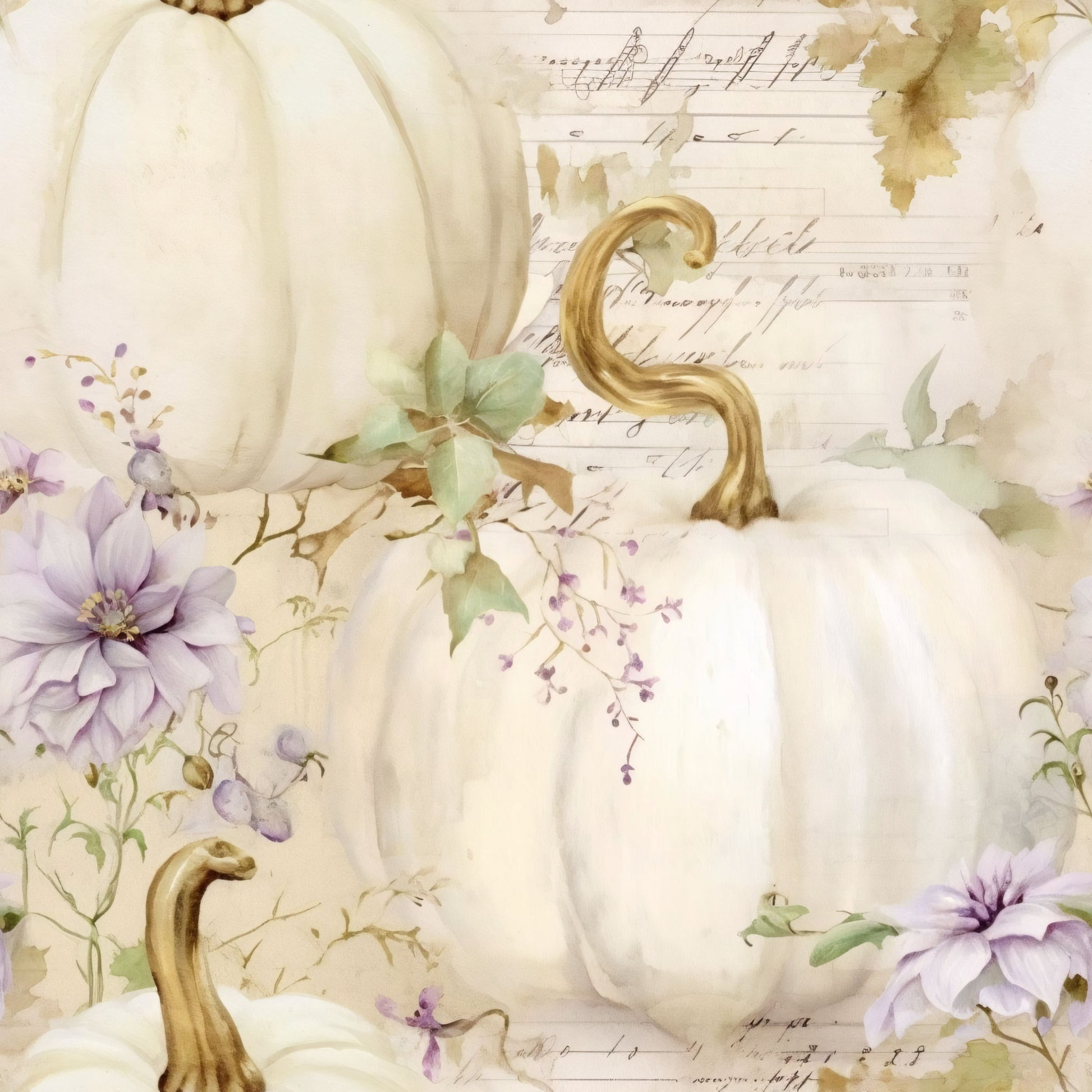 white pumpkins, cream colored, soft lavender, pale purple, watercolor style, autumn themed, fall seasonal, quilting cotton, fabric panel, vintage aesthetic, floral accents, purple flowers, delicate blooms, harvest motif, muted tones, botanical elements, artistic rendering, soft pastels, pumpkin stems, organic shapes