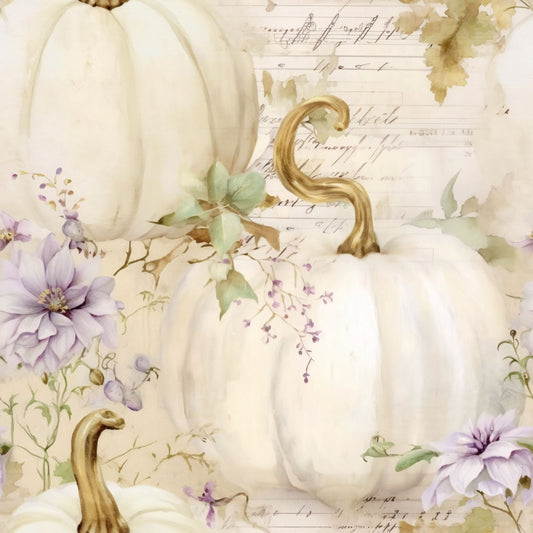 white pumpkins, cream colored, soft lavender, pale purple, watercolor style, autumn themed, fall seasonal, quilting cotton, fabric panel, vintage aesthetic, floral accents, purple flowers, delicate blooms, harvest motif, muted tones, botanical elements, artistic rendering, soft pastels, pumpkin stems, organic shapes