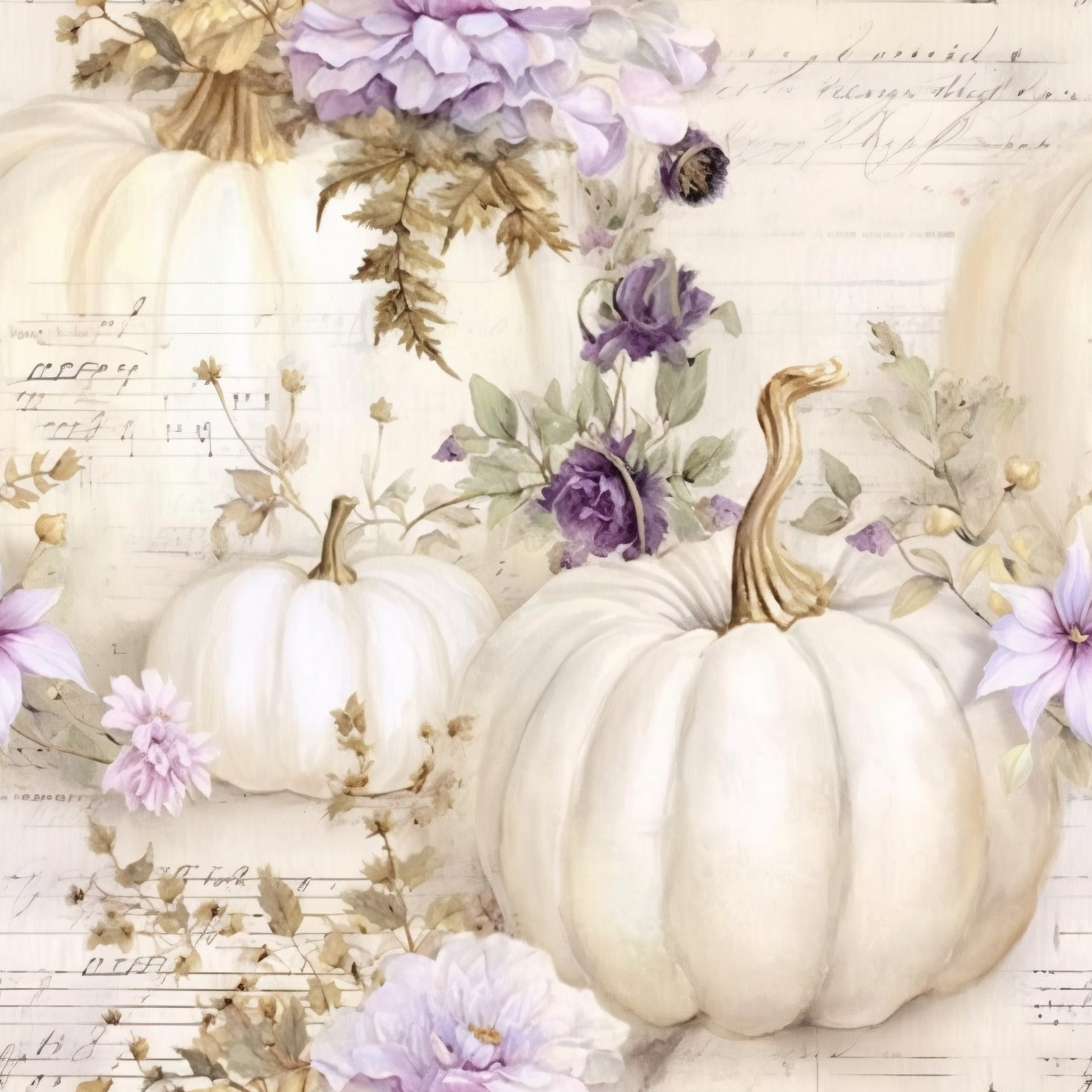 white pumpkins, cream, lavender, purple flowers, gold stems, autumn leaves, vintage script, watercolor style, fall harvest, botanical elements, quilting cotton, fabric panel, soft pastels, romantic florals, seasonal decor, pumpkin patch, muted tones, delicate blooms, rustic charm, cottage style