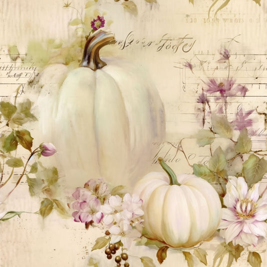 white pumpkins, cream background, purple flowers, pink blooms, green leaves, vintage script, autumn theme, fall harvest, botanical elements, quilting cotton, fabric panel, watercolor style, soft pastels, seasonal design, pumpkin motifs, floral accents, muted tones, romantic aesthetic, cottage core, harvest decoration