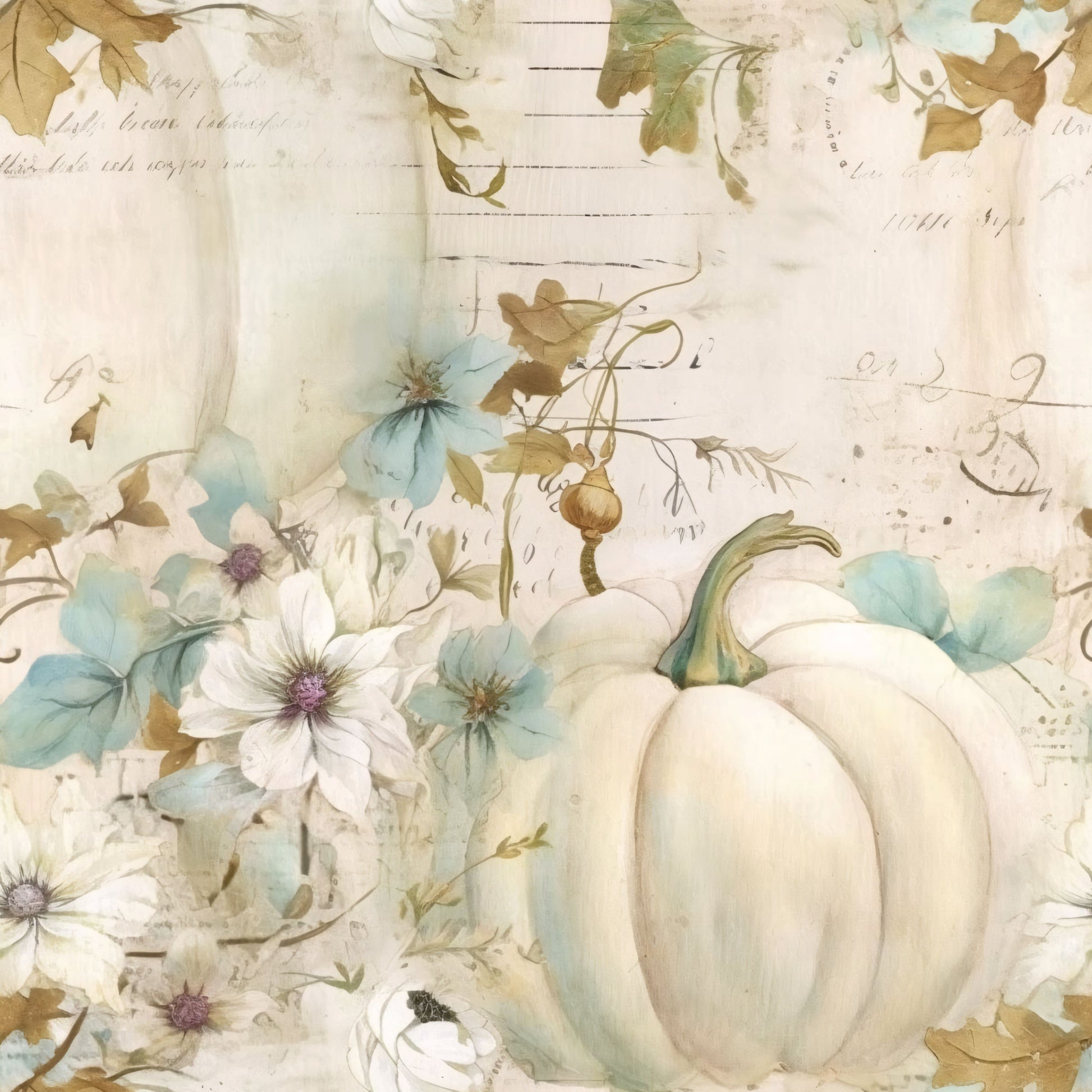 white pumpkins, fall flowers, autumn florals, pale blue, cream background, watercolor style, botanical design, vintage script, handwritten text, quilting cotton, fabric panel, soft pastels, clematis flowers, gourd illustration, neutral tones, seasonal motifs, delicate artwork, muted colors, cotton fabric, autumn theme