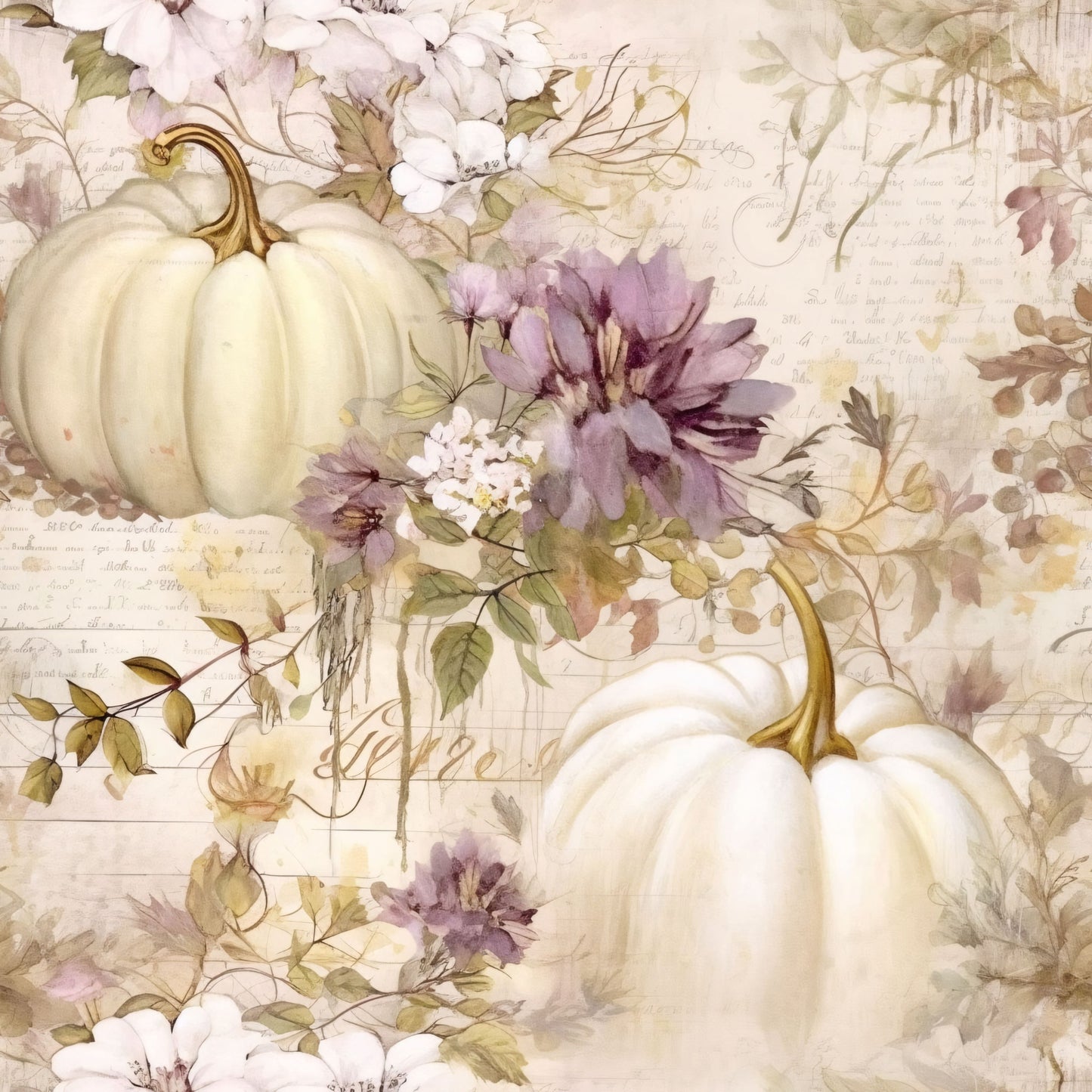 white pumpkins, cream colored, pale purple, lavender flowers, sage green, autumn leaves, fall pattern, watercolor style, vintage aesthetic, botanical design, quilting cotton, fabric panel, seasonal motif, soft pastels, floral elements, pumpkin patch, harvest theme, delicate artwork, muted tones, romantic style