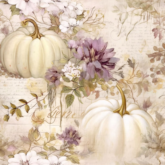 white pumpkins, cream colored, pale purple, lavender flowers, sage green, autumn leaves, fall pattern, watercolor style, vintage aesthetic, botanical design, quilting cotton, fabric panel, seasonal motif, soft pastels, floral elements, pumpkin patch, harvest theme, delicate artwork, muted tones, romantic style