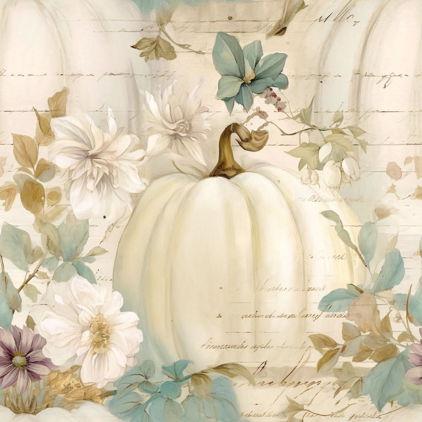 white pumpkin, cream, sage green, muted teal, soft purple, watercolor florals, autumn flowers, fall harvest, botanical illustration, vintage style, delicate petals, cursive script, quilting cotton, fabric panel, seasonal motif, pastel palette, romantic aesthetic, harvest theme, floral arrangement, cottage core