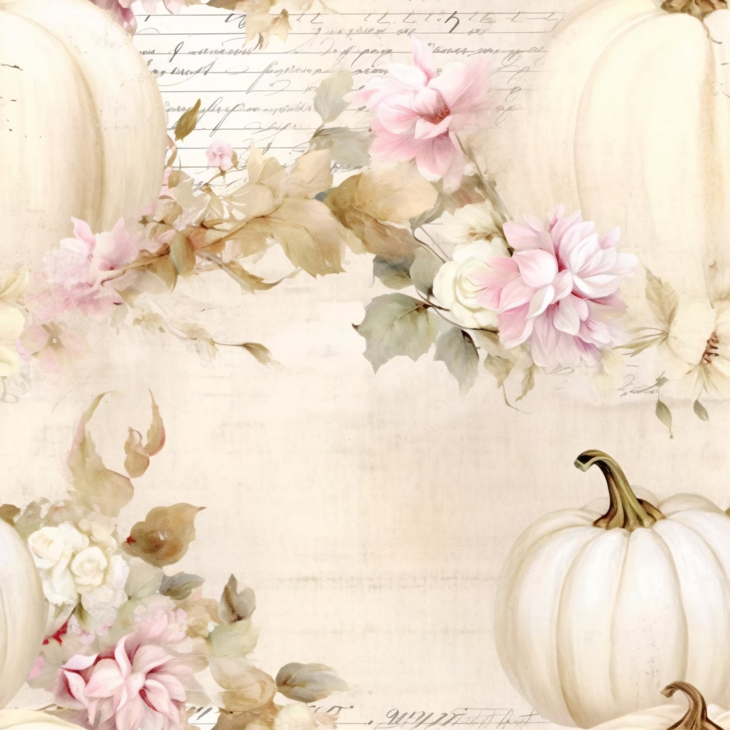 white pumpkins, cream colored, soft pink, blush pink, muted green, sage green, beige, watercolor style, floral elements, botanical design, autumn leaves, fall theme, vintage script, handwritten text, quilting cotton, fabric panel, soft pastels, delicate flowers, pumpkin motifs, shabby chic, romantic style, harvest theme