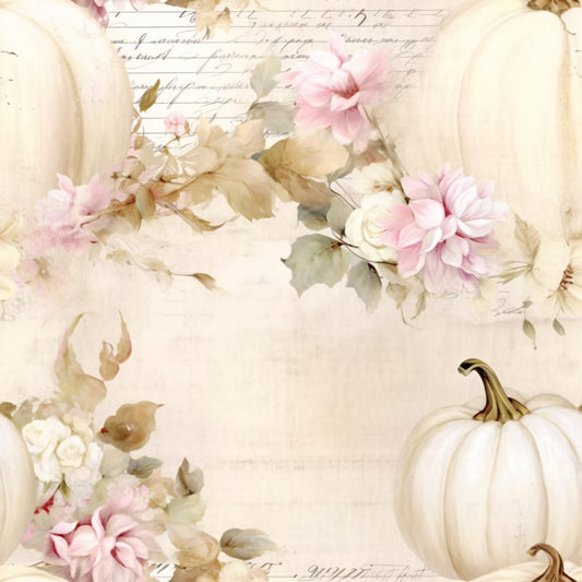 white pumpkins, cream colored, soft pink, blush pink, muted green, sage green, beige, watercolor style, floral elements, botanical design, autumn leaves, fall theme, vintage script, handwritten text, quilting cotton, fabric panel, soft pastels, delicate flowers, pumpkin motifs, shabby chic, romantic style, harvest theme