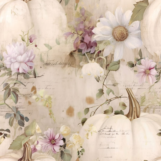 white pumpkins, cream background, soft pink flowers, purple blooms, daisy flowers, autumn gourds, fall harvest, watercolor style, vintage script, botanical elements, quilting cotton, fabric panel, pastel palette, seasonal motif, delicate florals, muted tones, romantic mood, shabby chic, cottage style
