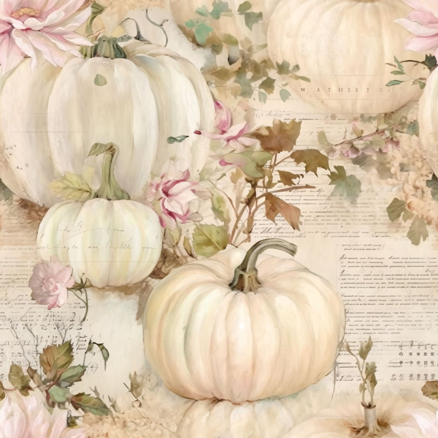white pumpkins, cream colored, pale pink flowers, soft beige, sage green leaves, autumn harvest, fall themed, watercolor style, vintage script, botanical elements, quilting cotton, fabric panel, seasonal design, harvest motifs, muted tones, romantic style, delicate florals, pumpkin patch, autumn florals, shabby chic
