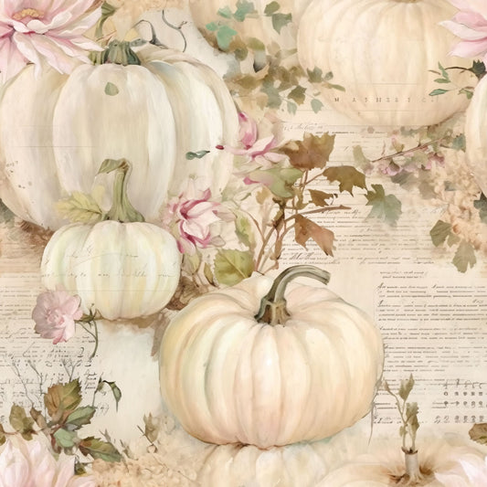 white pumpkins, cream colored, pale pink flowers, soft beige, sage green leaves, autumn harvest, fall themed, watercolor style, vintage script, botanical elements, quilting cotton, fabric panel, seasonal design, harvest motifs, muted tones, romantic style, delicate florals, pumpkin patch, autumn florals, shabby chic