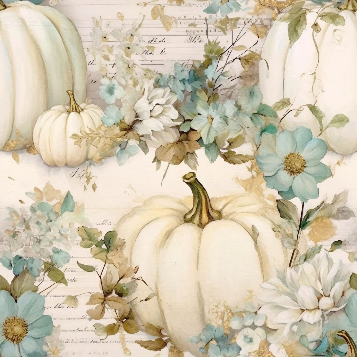 white pumpkins, cream colored, sage green, dusty blue, watercolor florals, autumn leaves, fall harvest, botanical design, vintage flowers, soft pastels, quilting cotton, fabric panel, seasonal motif, pumpkin patch, floral arrangement, muted tones, cottage style, farmhouse aesthetic, watercolor painting, delicate blooms