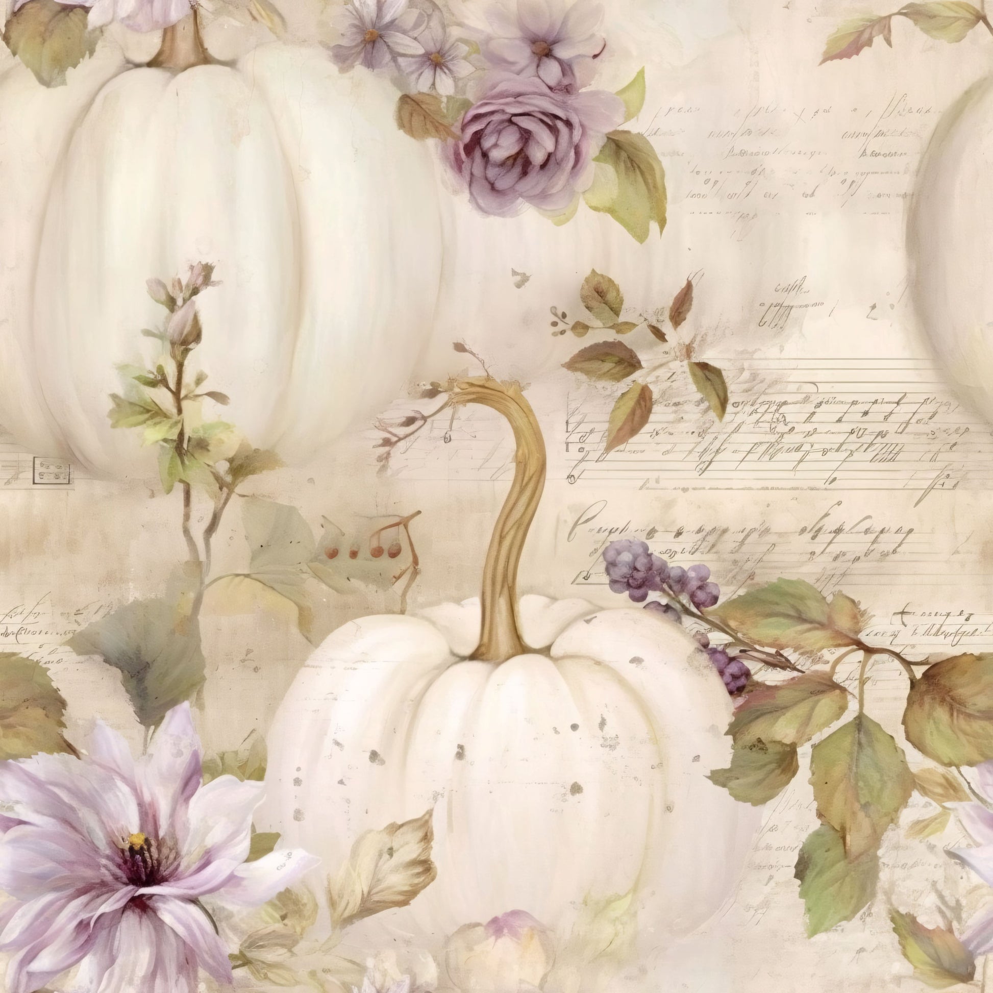 white pumpkins, cream background, lavender flowers, purple blooms, sage green leaves, autumn harvest, fall seasonal, watercolor style, botanical elements, vintage script, handwritten text, quilting cotton, fabric panel, soft pastels, muted tones, floral accents, pumpkin patch, romantic aesthetic, delicate artwork, seasonal motifs