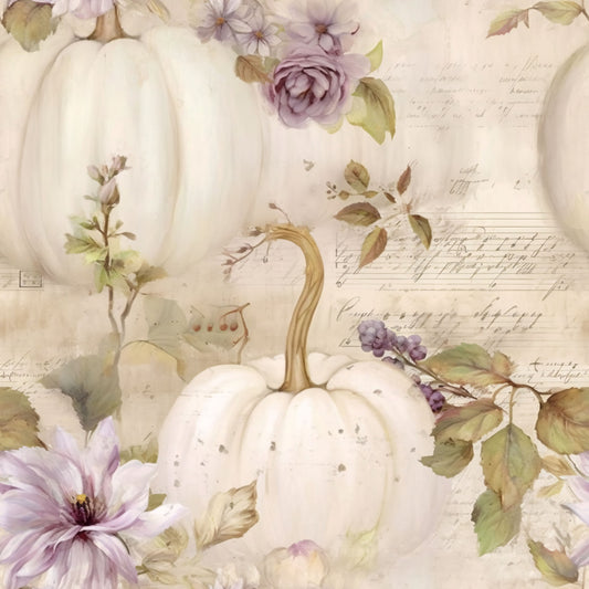 white pumpkins, cream background, lavender flowers, purple blooms, sage green leaves, autumn harvest, fall seasonal, watercolor style, botanical elements, vintage script, handwritten text, quilting cotton, fabric panel, soft pastels, muted tones, floral accents, pumpkin patch, romantic aesthetic, delicate artwork, seasonal motifs