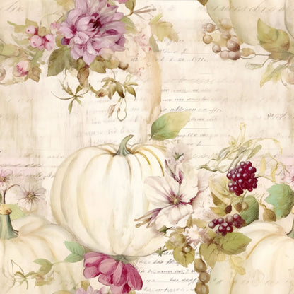 white pumpkins, fall harvest, autumn florals, watercolor style, vintage botanical, cream background, pink flowers, burgundy berries, green leaves, soft pastels, quilting cotton, fabric panel, seasonal design, pumpkin motifs, floral arrangements, muted tones, romantic style, harvest theme, delicate artwork, cotton fabric